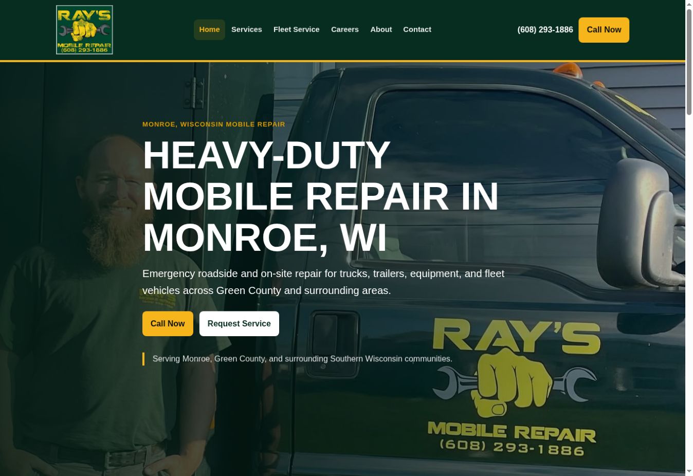 Ray’s Mobile Repair website, with its green and gold branding, service truck, and clear Call Now and Request Service buttons.